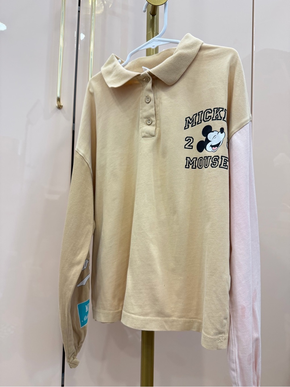 Zara Beige Polo Top with Light Pink Right Sleeve and Mickey Graphic
